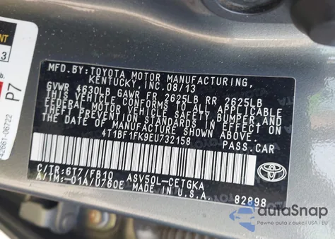 2014 Toyota Camry Xle from USA, damaged, VIN 4T1BF1FK9EU732158